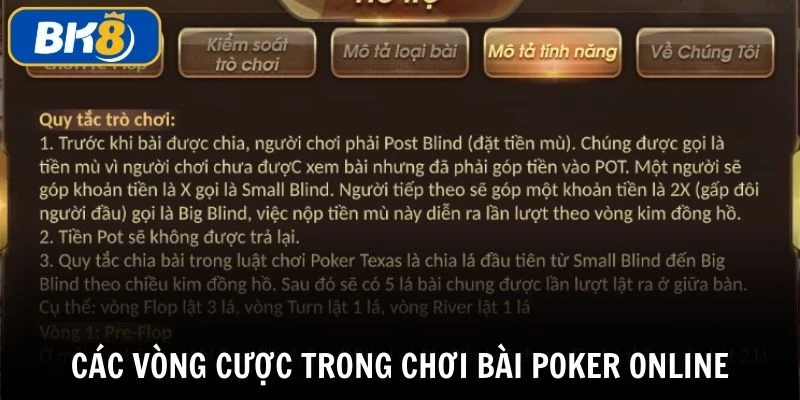 Hướng dẫn các vòng cược trong cách chơi bài poker online tại BK8